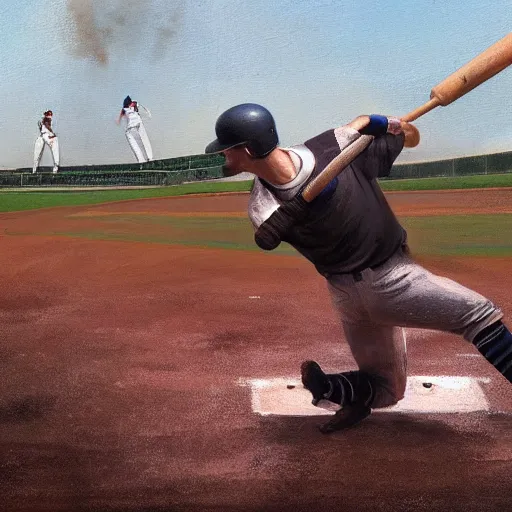 Image similar to baseball player hitting the ball with the baseball bat in the middle of the game and in front of everyone in the stadium, james gurney painting style, greg rutkowski, artstation, octane render, unreal engine 5