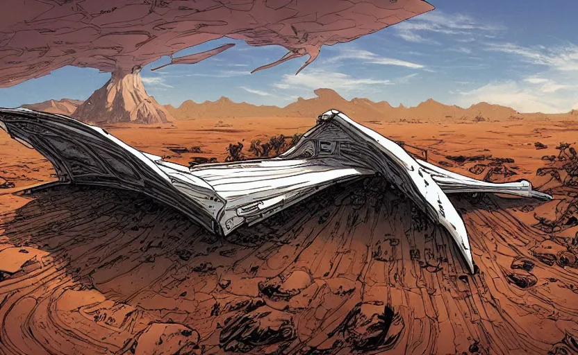 Image similar to very detailed, prophet graphic novel, simon roy, illustration of a giant crashed space ship on a desert planet, wide shot
