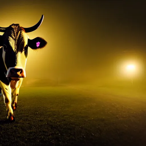 Prompt: closeup, a cow flying at night, flashlight, creepy, cinematic dramatic atmosphere, smooth, sharp focus, cinematic shot, movie scene, horror movie