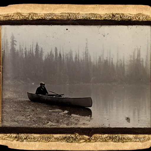 Prompt: hunter sitting in a canoe on the river, deep in the wilderness early in the misty morning in late winter or early spring, boreal forest, 19th century