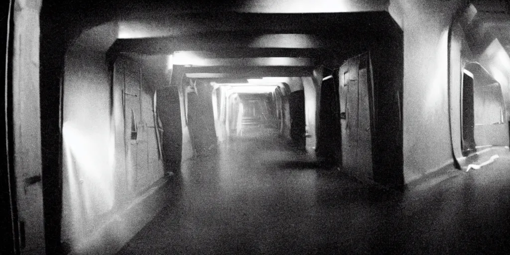 Image similar to a tight shot of a dark Alien ship interior corridor by Ridley Scott, high contrast, Aliens movie, grainy, moody, dark, bleak, ARRIFLEX 35 III Camera