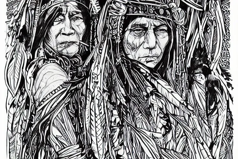 Image similar to strong native americans, beautiful line art, ink illustration, sketch, pure b&w
