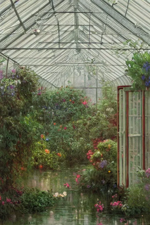 Image similar to a beautiful painting of a greenhouse, beside the window, rainy, downpour, gloomy and depressed, dark, low saturation, rococo, by krenz cushart and mucha and monet, trending on artstation.