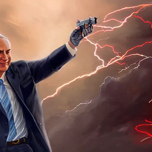 Prompt: benjamin netanyahu shooting lightning bolts from his fingers while smirking, highly detailed, by artgerm and greg rutkowski