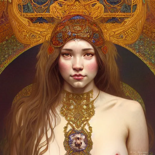Image similar to a portrait of a female bear hybrid, upper half portrait, decorated with russian motifs, russian shaman, siberia, traditional russia, intricate, elegant, highly detailed, symmetry, headpiece, digital painting, artstation concept art smooth sharp focus, illustration, art by artgerm and greg rutkowski alphonse mucha 8 k