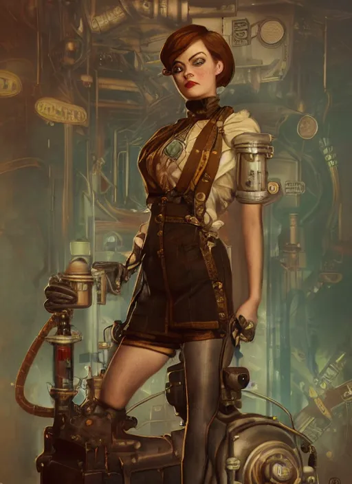 Image similar to Bioshock steampunk fallout portrait of Emma Stone, au naturel, hyper detailed, digital art, trending in artstation, cinematic lighting, studio quality, smooth render, unreal engine 5 rendered, octane rendered, art style by klimt and nixeu and ian sprigger and wlop and krenz cushart