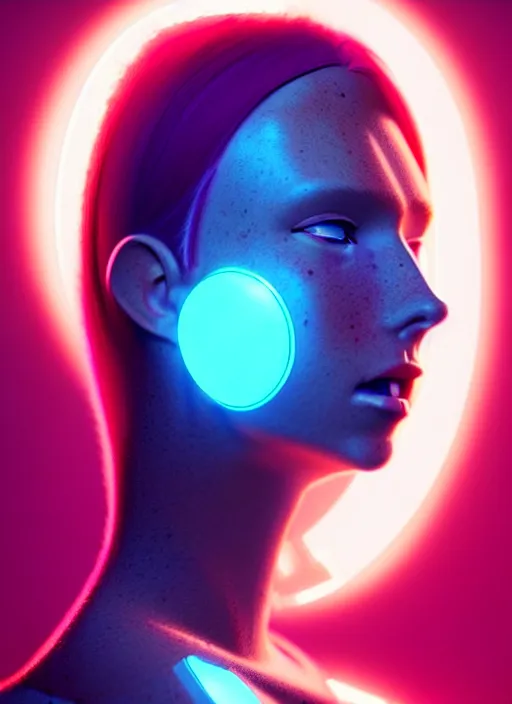 Image similar to an extremely beautiful redhead scandinavian female humanoid with freckled cheeks, cyber neon lighting, by loish, d & d, fantasy, futurism, cyberpunk fashion clothes, elegant profile posing, perfect anatomy, hyper photorealistic, digital photography, artstation, pinterest, concept art, art by pascal blanche and greg rutkowski,