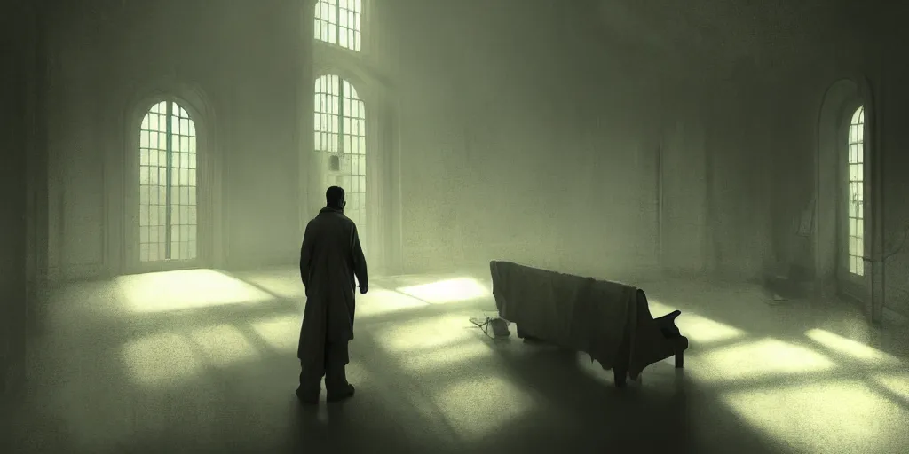 Prompt: an man in a straight jacket in an eerie asylum, sad, loneliness, god rays, digital art, landscape, fantasy art, octane render, ureal engine, high detail, very realistic, by greg rutkowski. by james gurney