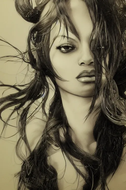 Image similar to Portrait of Jada Fire, pen and ink, intricate line drawings, by Yoshitaka Amano, Ruan Jia, Kentaro Miura, Artgerm