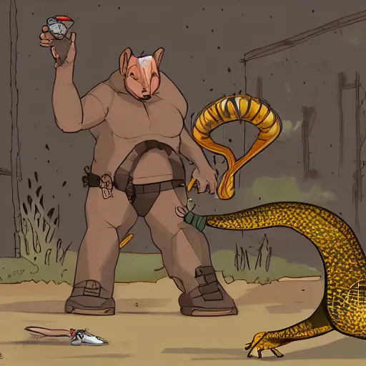 Prompt: the aardvark plays with the anaconda on a friday while taking out the trash, trending on artstation