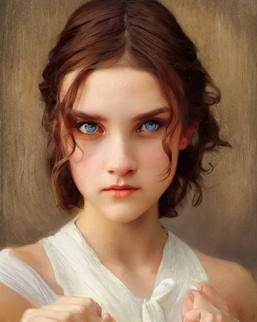 Prompt: a girl, face expressing a disbelief, oil on canvas, artstation, by j. c. leyendecker and edmund blair leighton and charlie bowater, beautiful face, octane, very aesthetic!!!!!!!!!!!!!!! stunning gorgeous big eyes