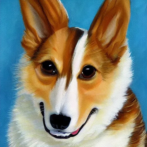 Image similar to corgi realistic painting, happy, cute, smiling