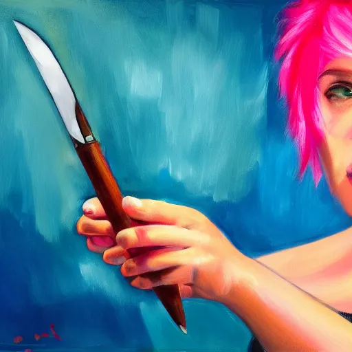 Image similar to person with pink hair holding a knife and smoking weed, cinematic, 4 k, oil painting