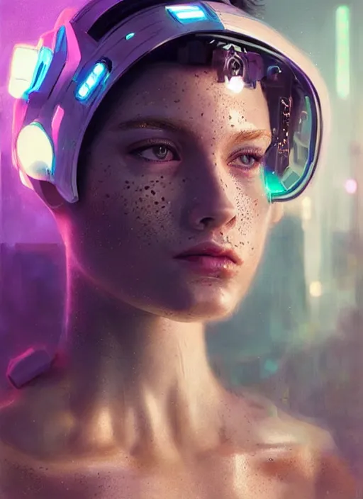 Image similar to an attractive caucasian female humanoid with freckles, cyber neon lighting, futurism, intricate futuristic jewelry accessories, cyberpunk high fashion, profile posing, hyper photorealistic, crispy quality, digital photography, trending in artstation, trending in pinterest, cinematic, 4 k ultra hd, art by pascal blanche, art by greg rutkowski,