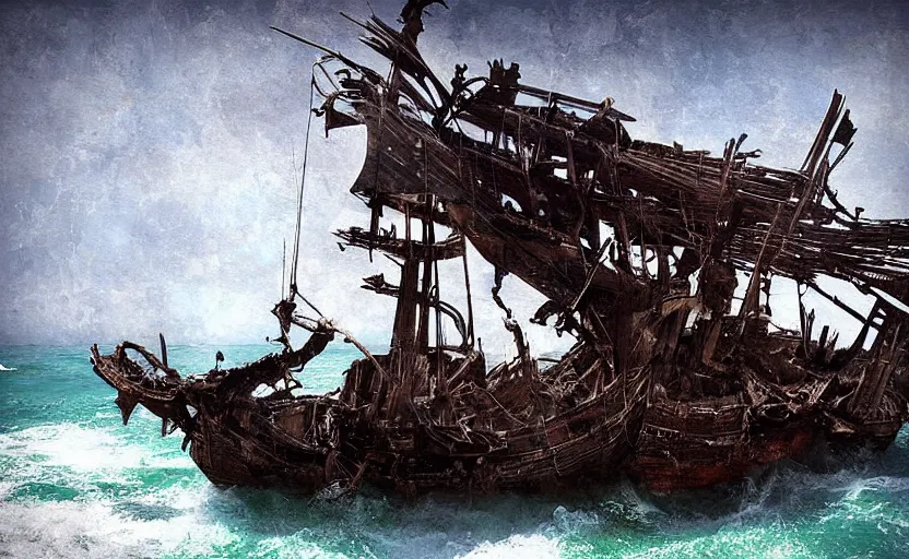 Image similar to “Pirate ship wreck falling from the sky, digital art, cinematic, award winning”