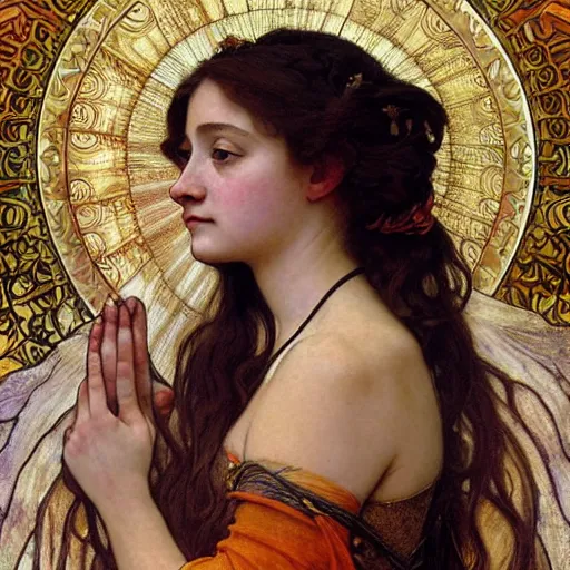 Image similar to detailed portrait art nouveau painting of Anna Cathcart as the goddess of the sun, with anxious, piercing eyes, by Alphonse Mucha, Michael Whelan, William Adolphe Bouguereau, John Williams Waterhouse, and Donato Giancola