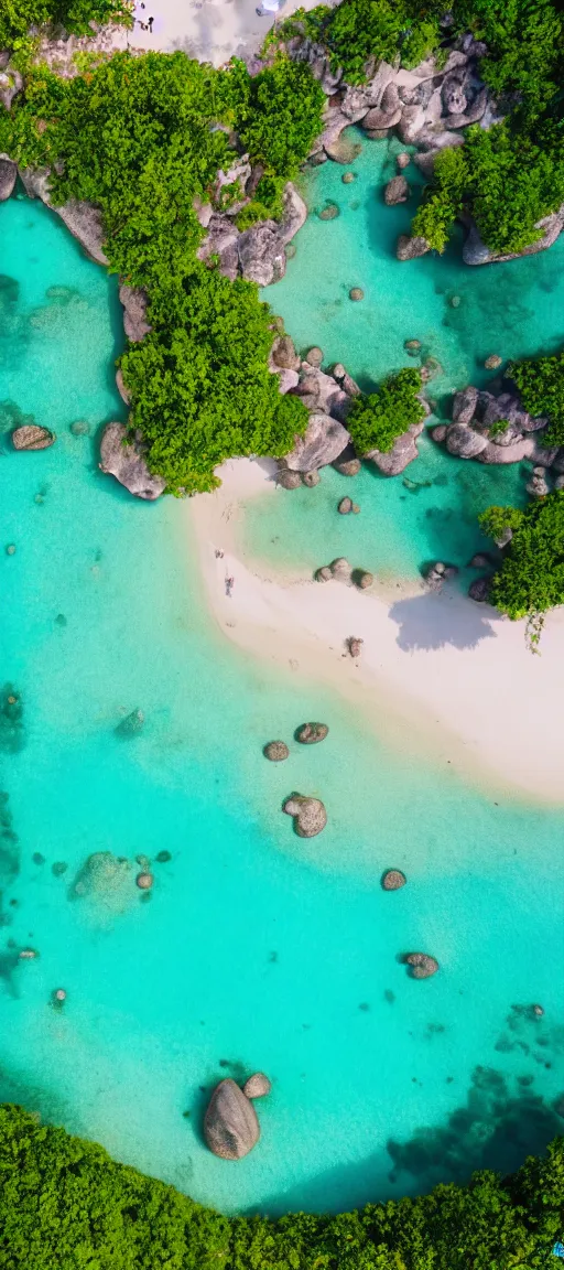 Prompt: beautiful koh samui, koh krabi, crystal clear blue water, white sandy beach, volcanic island, drone view, 4 k wallpaper