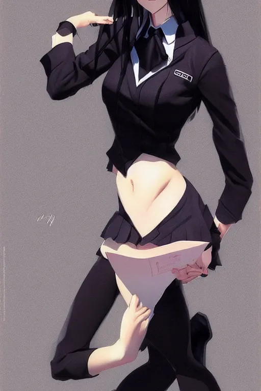 Prompt: Gorgeous schoolgirl with black hair, in black uniform, very detailed eyes. By ilya kuvshinov, krenz cushart, Greg Rutkowski, trending on artstation