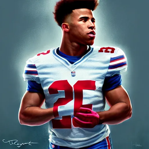 Image similar to highly detailed portrait of saquon barkley wearing a ny giants football shirt, unreal engine, fantasy art by greg rutkowski, loish, rhads, ferdinand knab, makoto shinkai and lois van baarle, ilya kuvshinov, rossdraws, tom bagshaw, global illumination, radiant light, detailed and intricate environment h 6 0 4