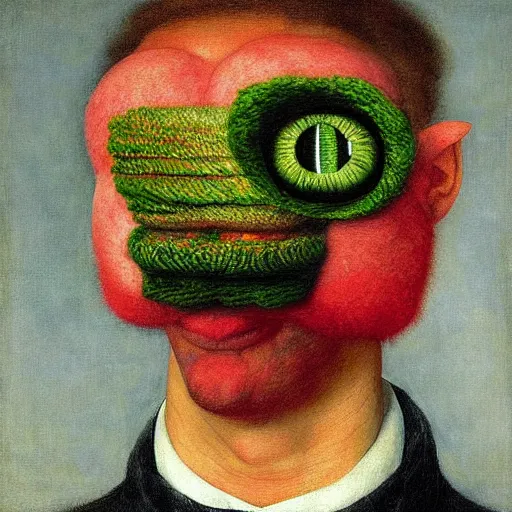 Image similar to portrait photo of a wool sock with giant eyes, face made from pixels and voxels, extremely high details, realistic, by Giuseppe Arcimboldo, Edward Hopper, Rene Margitte