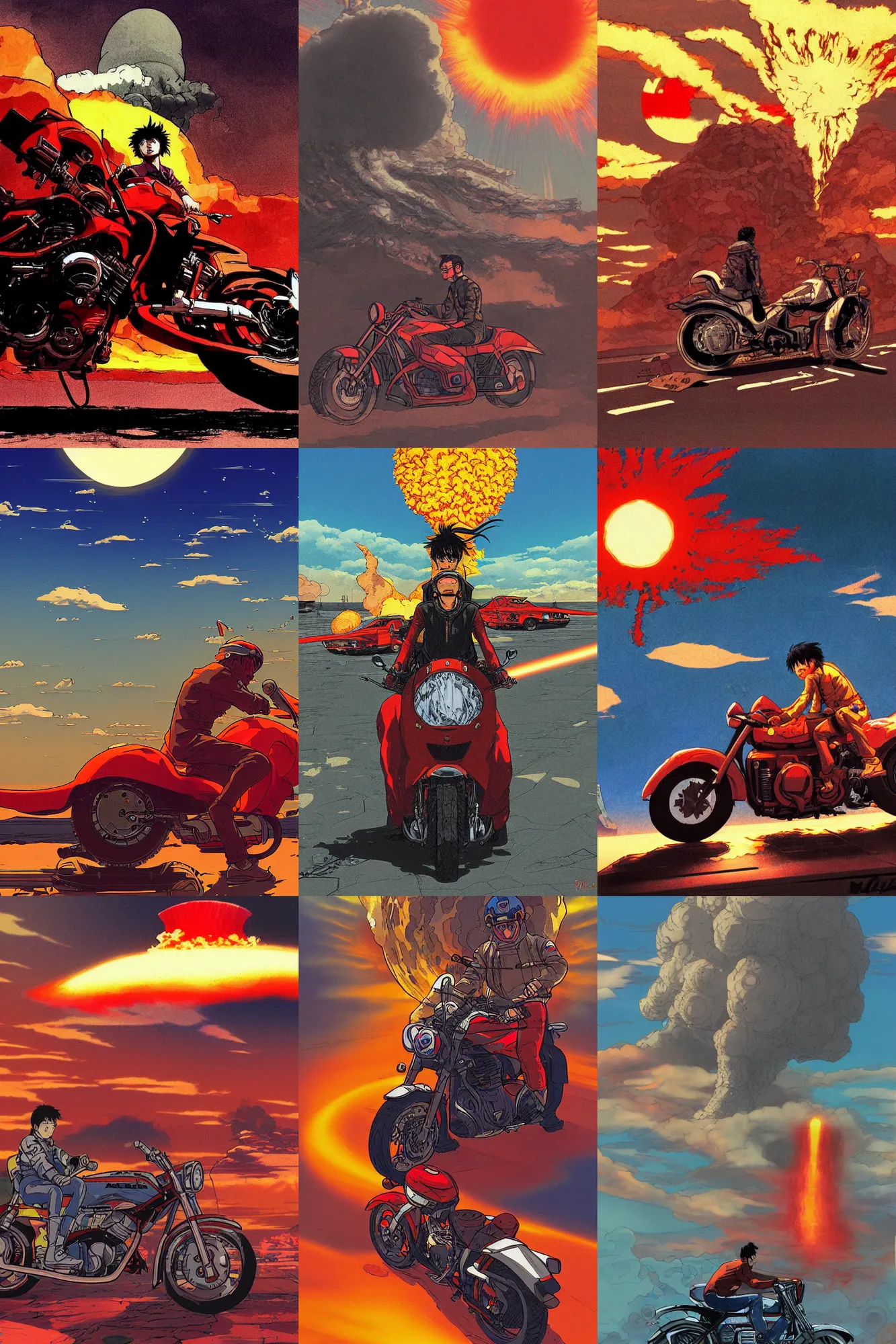 Prompt: a digital painting of Akira on his motorbike, low angle, nuclear explosion in the background, part by Moebius, part by Hayao Miyazak,