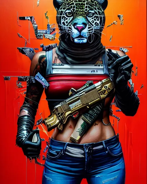 Prompt: a portrait of an anthropomorphic cyberpunk jaguar by sandra chevrier, by jon foster, detailed render, pistol in holster, tape deck, epic composition, cybernetics, 4 k realistic, cryengine, realistic shaded lighting, sharp focus, masterpiece, by enki bilal