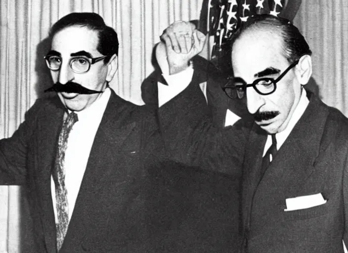 Prompt: groucho marx is sworn in as president of the usa, 1 9 4 0 s newspaper photograph