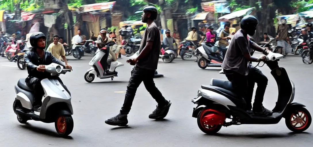 Image similar to kanye west riding scooter in hanoi, a photo in daylight