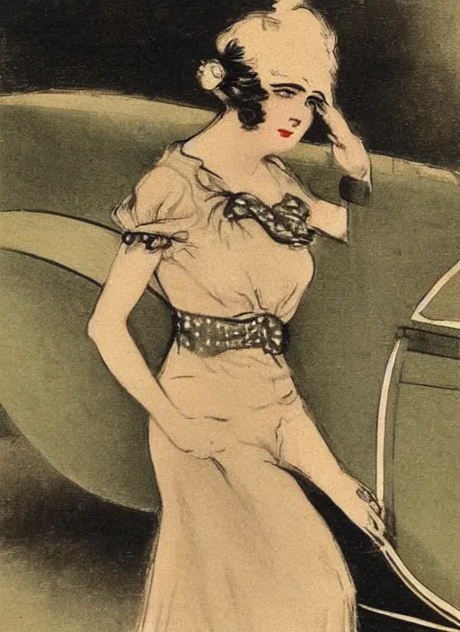 Image similar to Louis Icart, an old colored drawing of a woman posing in front of a 1920's car by Louis Icart, highly detailed, masterpiece