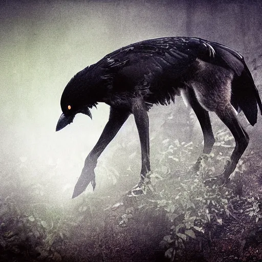 Image similar to mixture between an crow and! wolf, photograph captured in a dark forest, realistic