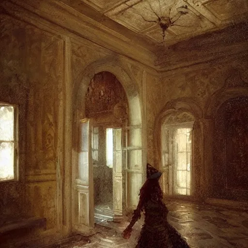 Image similar to haunted old villa, entry hall, oil painting, by Fernanda Suarez and Edgar Maxence and greg rutkowski