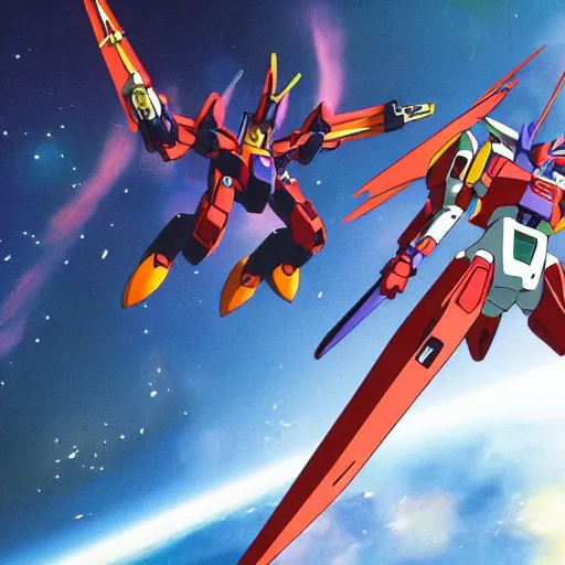 Prompt: cinematic scene of evangelion gundams fighting in space