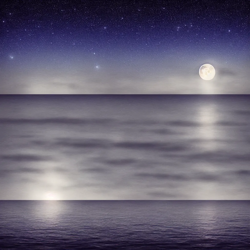 Prompt: calm night sea, big luminescent moon, stars in the sky, mystic, hyper - realistic, high contrast