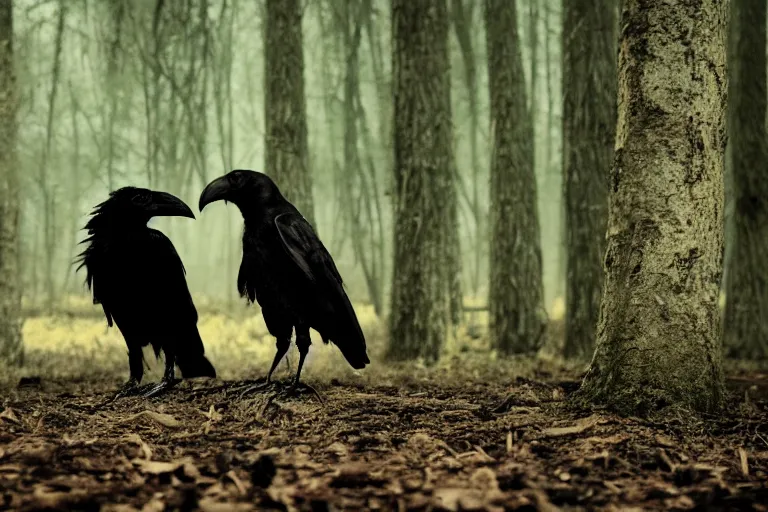 Image similar to werecreature consisting of a crow and a human, photograph captured in a dark forest