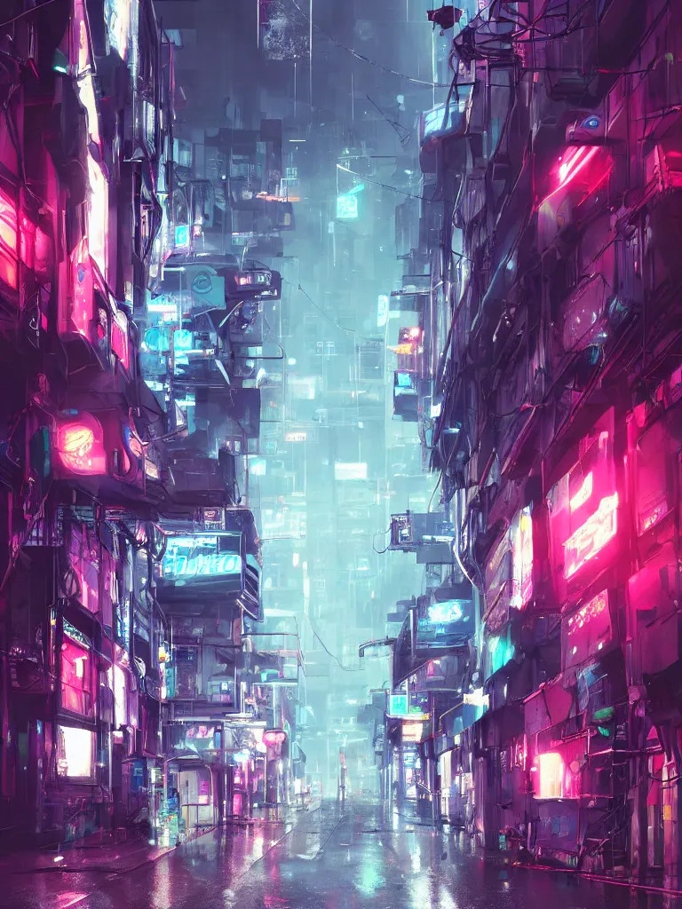 Image similar to neonpunk street, hanging cables, narrow, garbadge on the ground. rain. fog, haze, evening. led screens. very messy. futuristic. photorealistic. artstation. anime