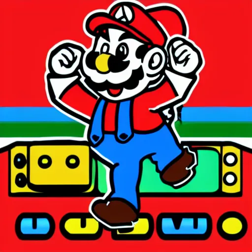 Image similar to svg sticker of a Pop-Wonder SuperMario, Mario-Wearing-a-red-hat, at a rave, spinning records, giant headphones rocking out, wearing headphones, huge speakers, dancing, rave, DJ, spinning records, digital art, amazing composition, rule-of-thirds, award-winning, trending on artstation, featured on deviantart