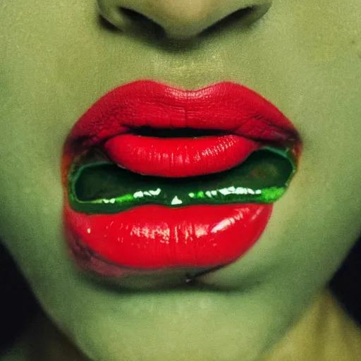 Image similar to medium shot open human mouth with thick viscous green slime oozing out, thick red lips, human staring blankly ahead, melancholy, unsettling, art house film aesthetic, a 2 4, color grain 3 5 mm, hyperrealism