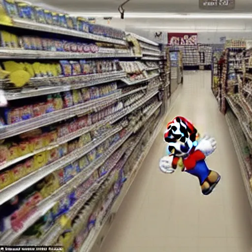 Prompt: Super Mario caught on security footage rummaging through the mushroom section of a supermarket, realistic, paranormal