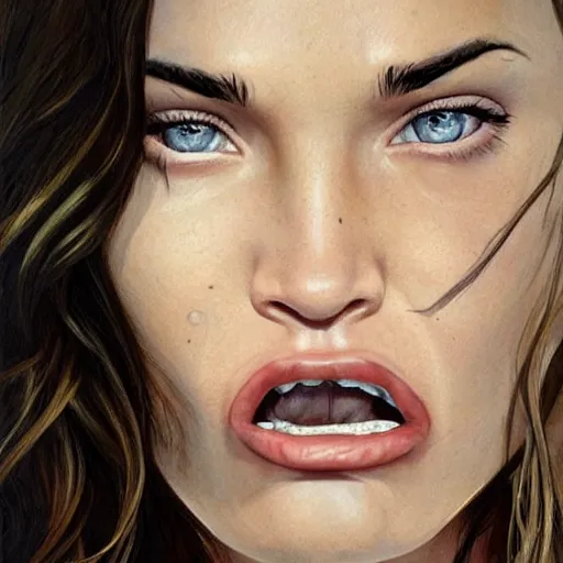 Image similar to megan fox sticking her tongue out at camera. long tongue! hyperrealistic portrait, photo realistic, poster, artstation, volumetric lighting, digital art, very detailed face by magali villeneuve