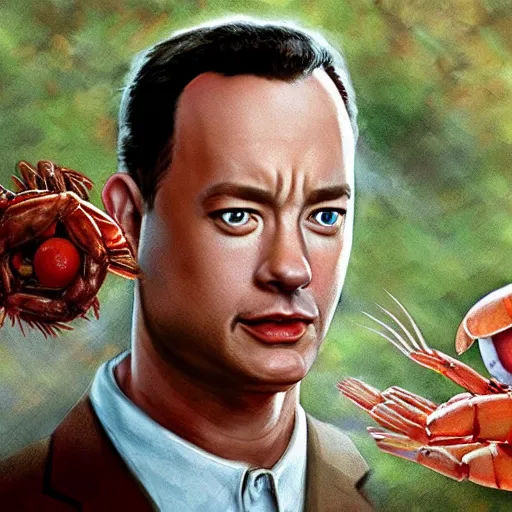 Image similar to tom hanks as forrest gump with a giant shrimp around the neck, photorealistic, cgsociety, artstation