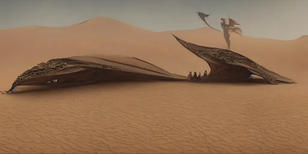 Prompt: dune the movie, ornithopter in the desert surrounded by sand dunes, greg rutkowski, 8 k, shallow depth of field, intricate detail, concept art,