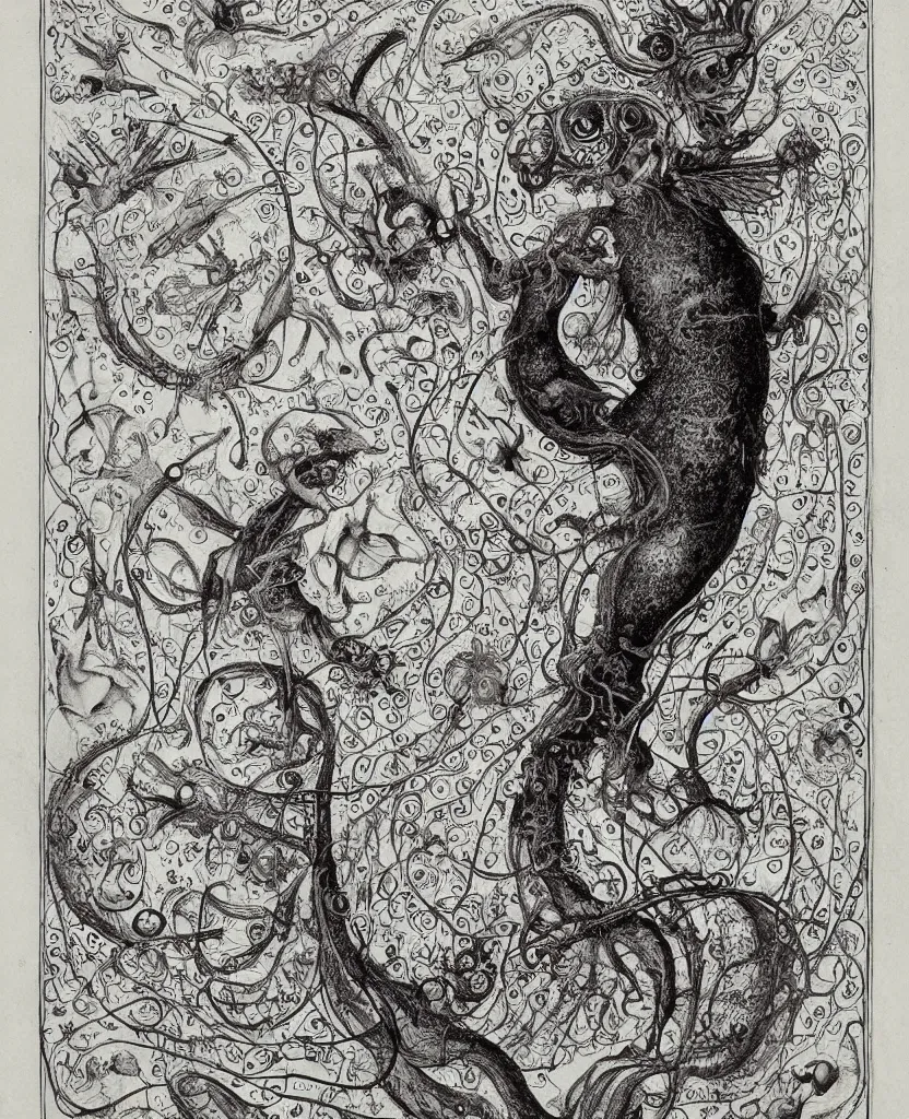 Image similar to whimsical freaky creature sings a unique canto about'as above so below'being ignited by the spirit of haeckel and robert fludd, breakthrough is iminent, glory be to the magic within, painted by ronny khalil