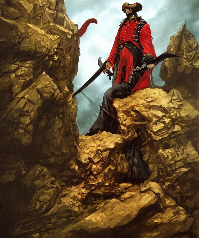Prompt: ultra realistic color portrait painting of an undead 1 7 th century pirate with a sword in a grotto, dark, painted, brooding, atmospheric, seascape, horror, smooth, epic, highly detailed, cinematic, by angus mcbride