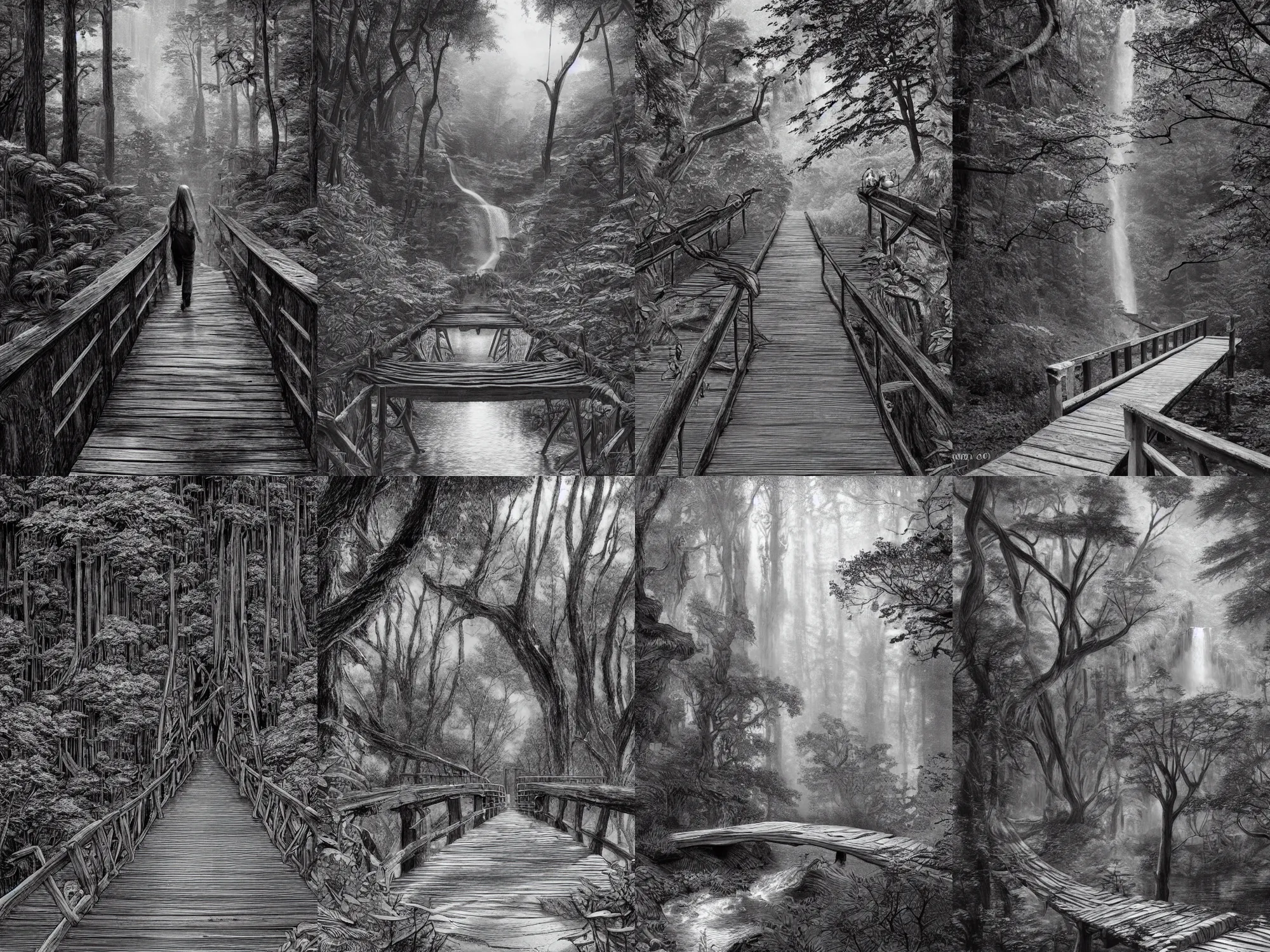 Prompt: walking on an old wood bridge , a waterfall and trees in the background, art by James Jean and Wayne Barlowe, high detail, black and white ink, cinematic, cgsociety 8k