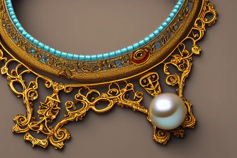 Prompt: historical, art nouveau, ornate, delicate, pearls and cyan gemstone choker, glowing inside, shiny gold, octane render, realistic, dramatic light, 3 d, photograph 4 k,