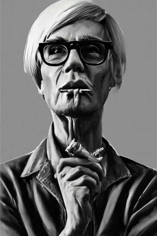 Image similar to a highly detailed beautiful portrait of andy warhol smoking a cigarette, extremely detailed, digital painting, artstation, concept art, smooth, sharp focus, illustration, intimidating lighting, incredible art