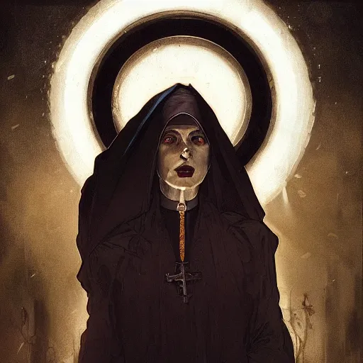 Image similar to A portrait of A zombie nun glowing black by greg rutkowski and alphonse mucha,In style of digital art illustration.Dark Fantasy.darksouls.hyper detailed,smooth, sharp focus,trending on artstation,4k