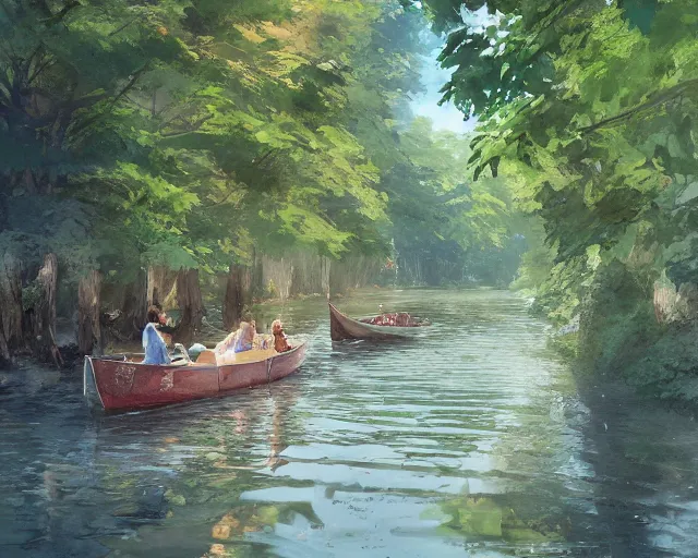 Image similar to a wooden boat in a very narrow river, trees, shady, ripples, reflections. A boy and girl are sitting in the boat. By Makoto Shinkai, Stanley Artgerm Lau, WLOP, Rossdraws, James Jean, Andrei Riabovitchev, Marc Simonetti, krenz cushart, Sakimichan, trending on ArtStation, digital art.