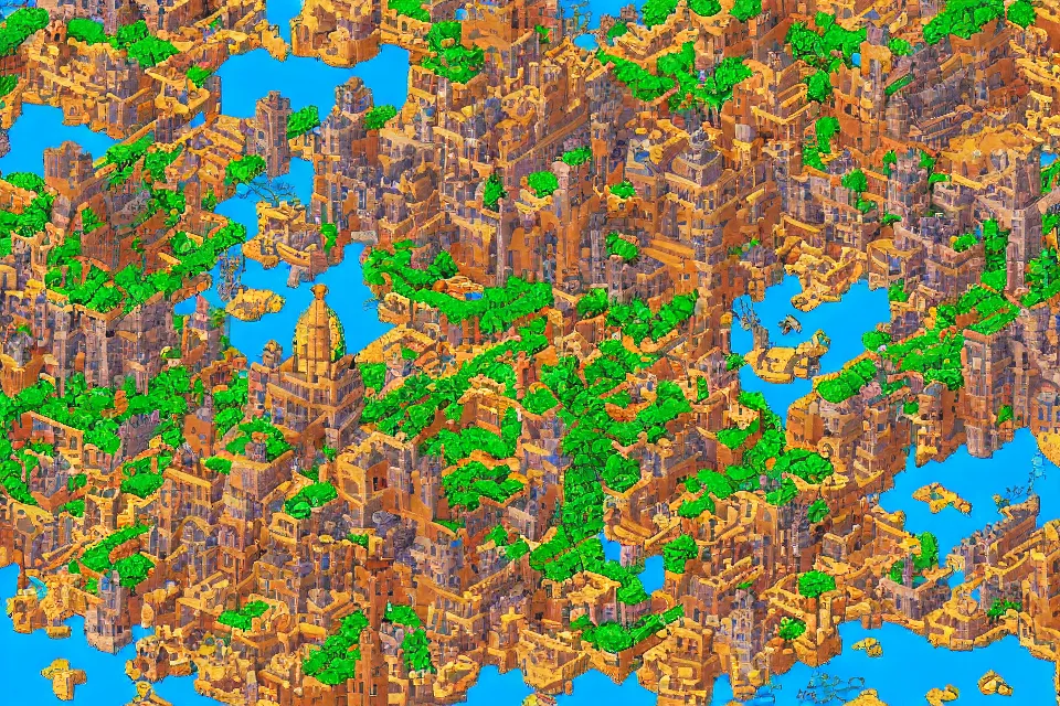 Image similar to a pixel art GBA style map of Tikal, Temple IV, Lost World Pyramids, Final Fantasy Tactics Advance, Mayan Pyramids