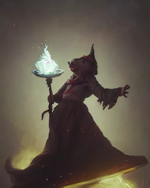 Prompt: oil painting of a Anthropomorphized pig witch casting an epic spell, sharp focus, heroic pose, fantasy style, octane render, volumetric lighting, cinematic lighting, 8k high definition, by greg rutkowski, highly detailed, trending on art Station, magic the gathering artwork, centered